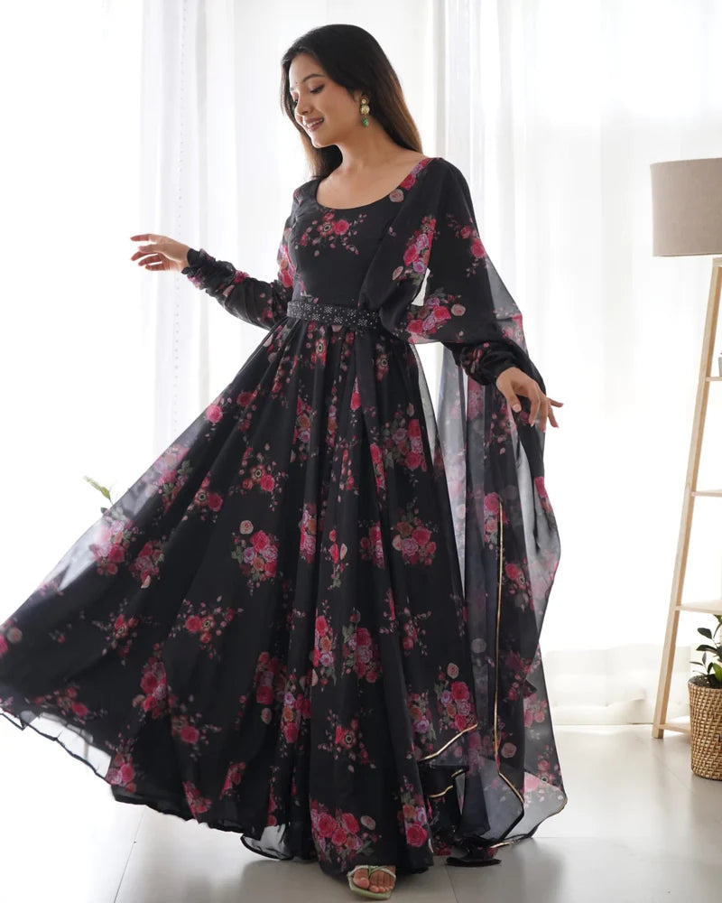 Anarkali Full Flared Geroget Printed Goun with Dupatta Set