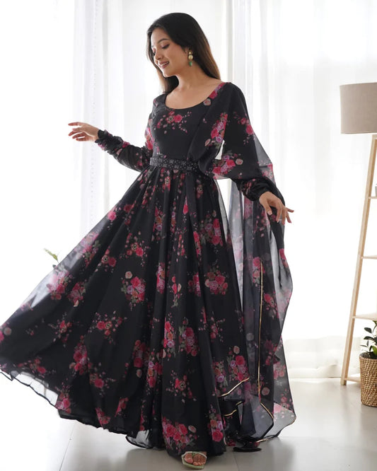 Anarkali Full Flared Geroget Printed Goun with Dupatta Set