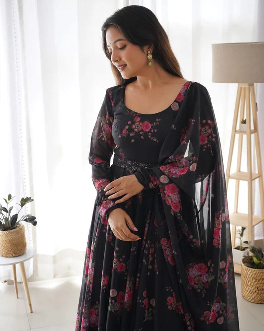 Anarkali Full Flared Geroget Printed Goun with Dupatta Set