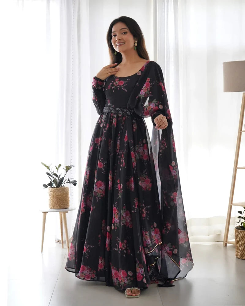 Anarkali Full Flared Geroget Printed Goun with Dupatta Set