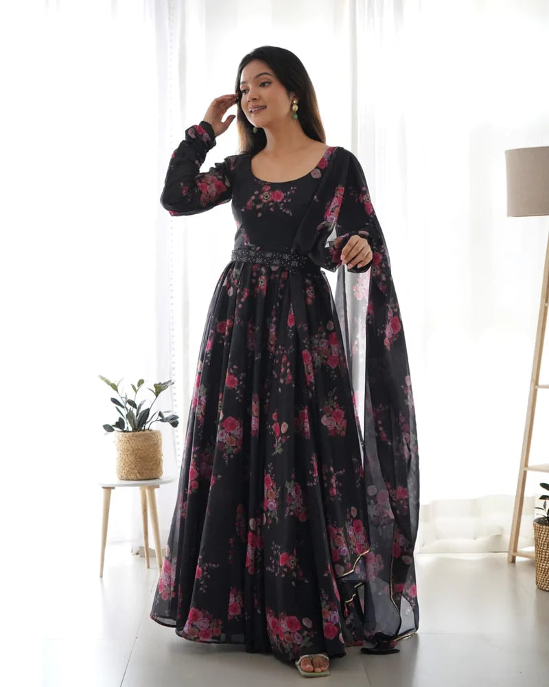 Anarkali Full Flared Geroget Printed Goun with Dupatta Set